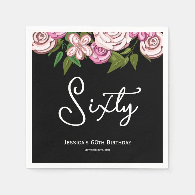 Serviette En Papier Noir moderne 60e anniversaire Floral (Devant)