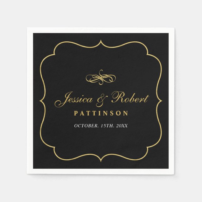 Serviette En Papier Noir & Or | Élégant Mariage classique Napkin (Devant)