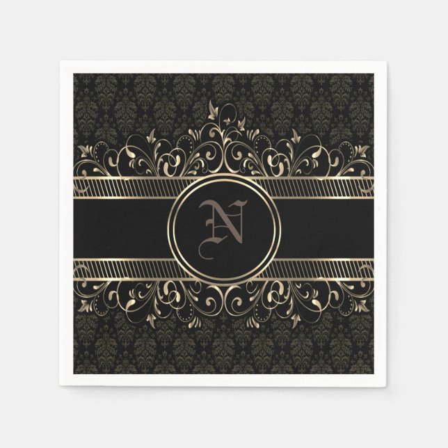 Serviette En Papier Noir & Or Ornate Gothique Monogramme (Devant)