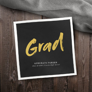 Serviette En Papier Noir & Or Simple Brush Moderne Graduation Script