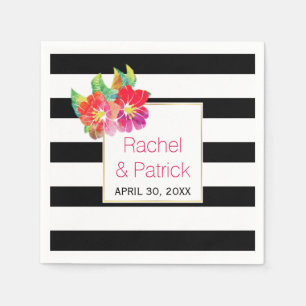 Serviette En Papier Noir, rayures blanches, fleurs d'aquarelle mariage