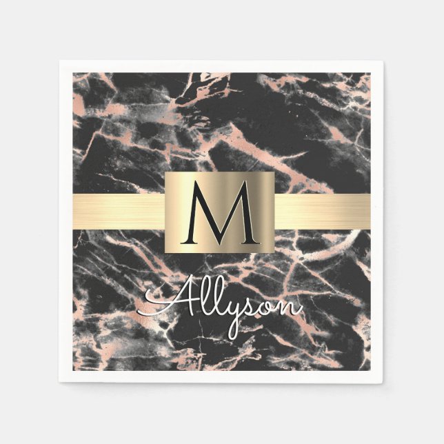Serviette En Papier Noir & Rose Gold Marble Boîte, Nom & Monogramme (Devant)