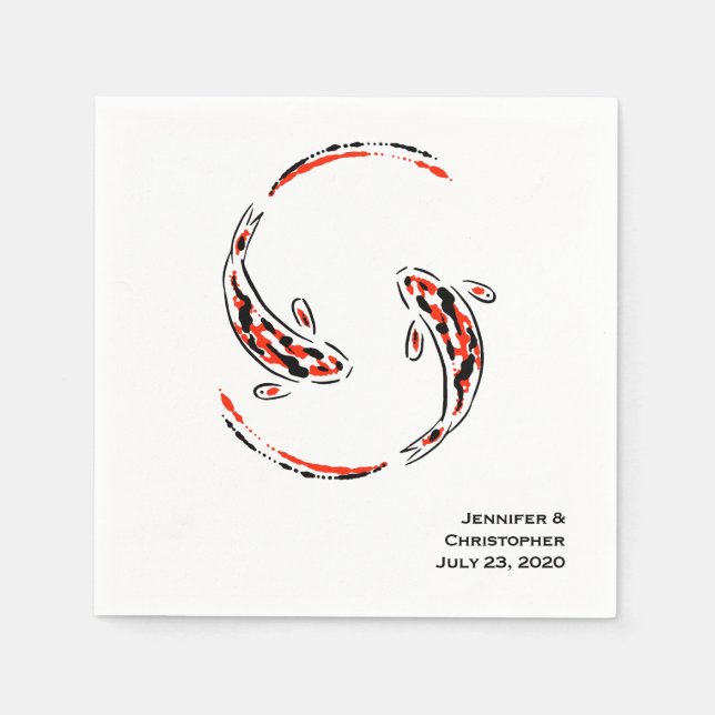 Serviette En Papier Noir & Rouge Japonais Poisson Koi Mariage artistiq (Devant)