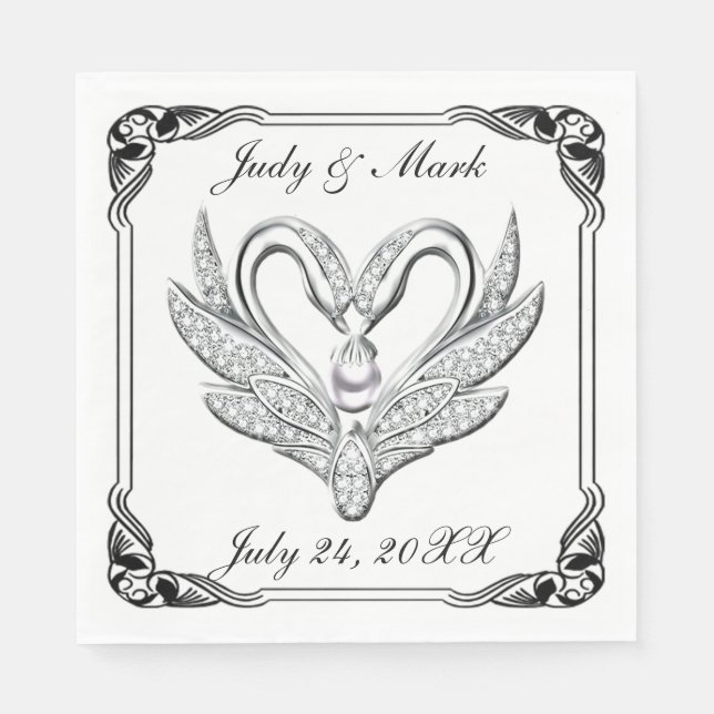 Serviette En Papier Noir Ruban Swans Argent Papier Napkins (Devant)