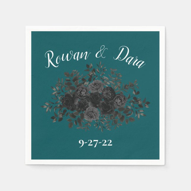 Serviette En Papier Noir Turquoise Rose gothique Elégant Mariage (Devant)