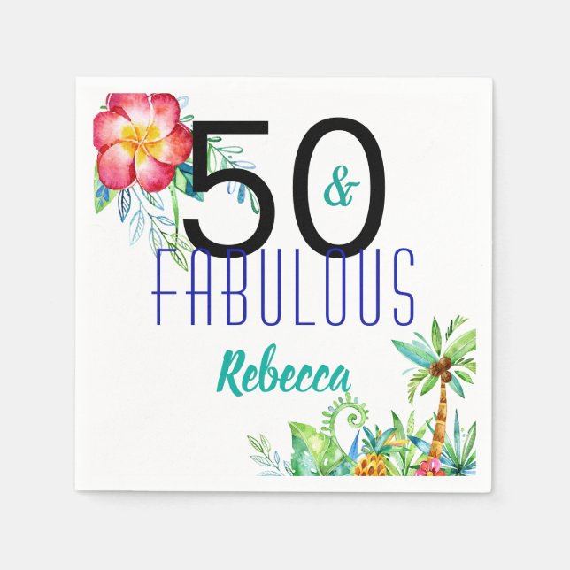 Serviette En Papier Nom 50 et fabuleux Tropical Floral 50e anniversair (Devant)