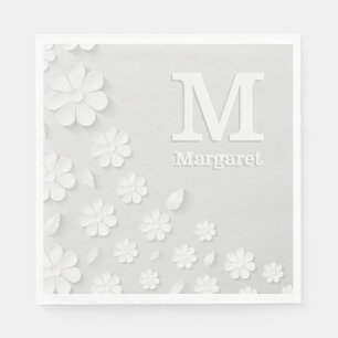 Serviette En Papier Nom à relief floral blanc initiales personnalisées