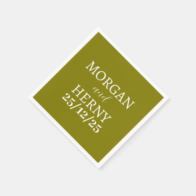 Serviette En Papier NOM customisé ÉLÉGANT MODERNE OLIVE VERT MARIAGE (Coin)
