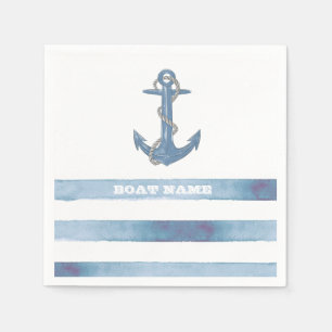 Serviette En Papier Nom de bateau nautique, Ancre, Corde, Rayures bleu
