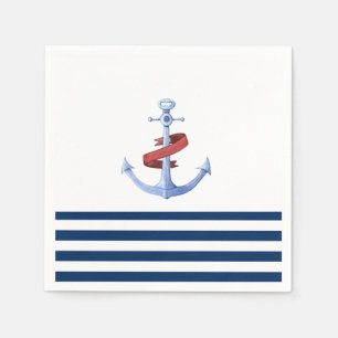 Serviette En Papier Nom de bateau nautique, bleu ancre marine rayé ble