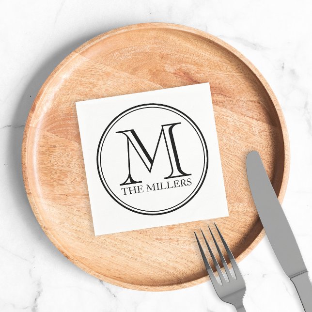 Serviette En Papier Nom de bordure noire ronde Monogramme (Créateur téléchargé)