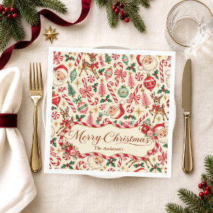 Serviette En Papier Nom de famille de rennes du Père Noël rétro Noël