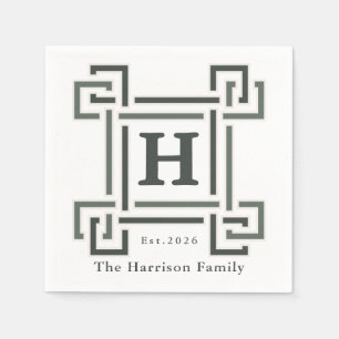 Serviette En Papier Nom de famille élégant gris marine monogrammé