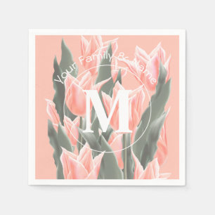 Serviette En Papier Nom de famille élégant Monogramme Peach Tulips Pei