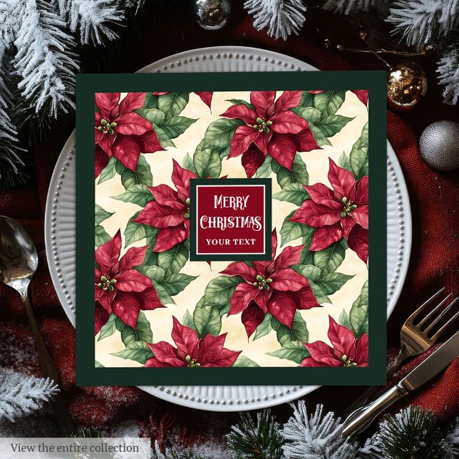 Serviette En Papier Nom de famille personnalisé poinsettia de Noël (Personalized family name Christmas poinsettia Paper Dinner Napkins)