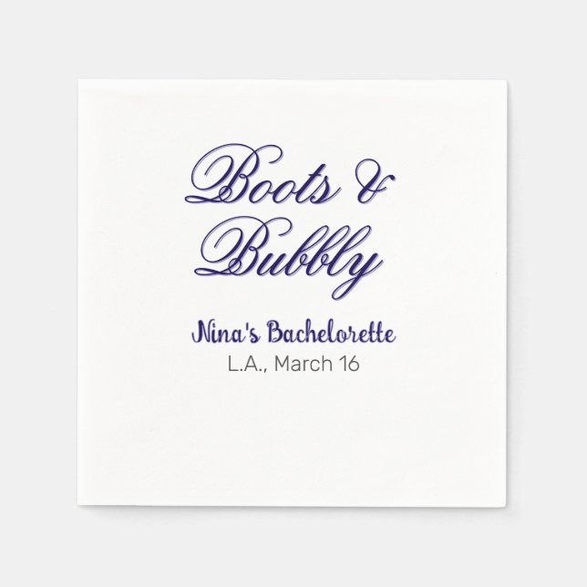 Serviette En Papier nom de fête de bachelorette Boots & Bubble purplep (Devant)