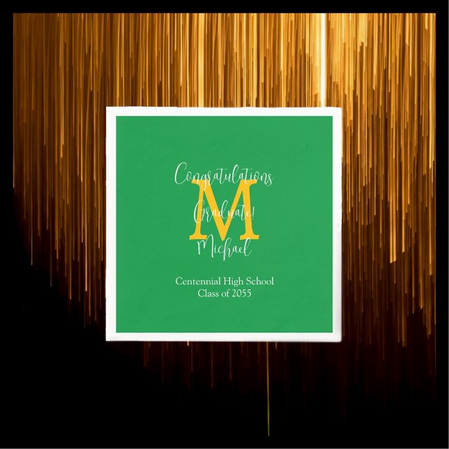 Serviette En Papier Nom de la graduation en or vert et blanc Monogramm (Créateur téléchargé)