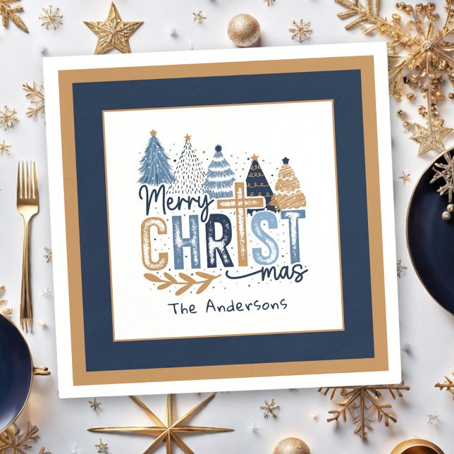 Serviette En Papier Nom de l'arbre bleu de la marine chrétienne (Christian Navy Blue Tree Name Modern Christmas Napkins)