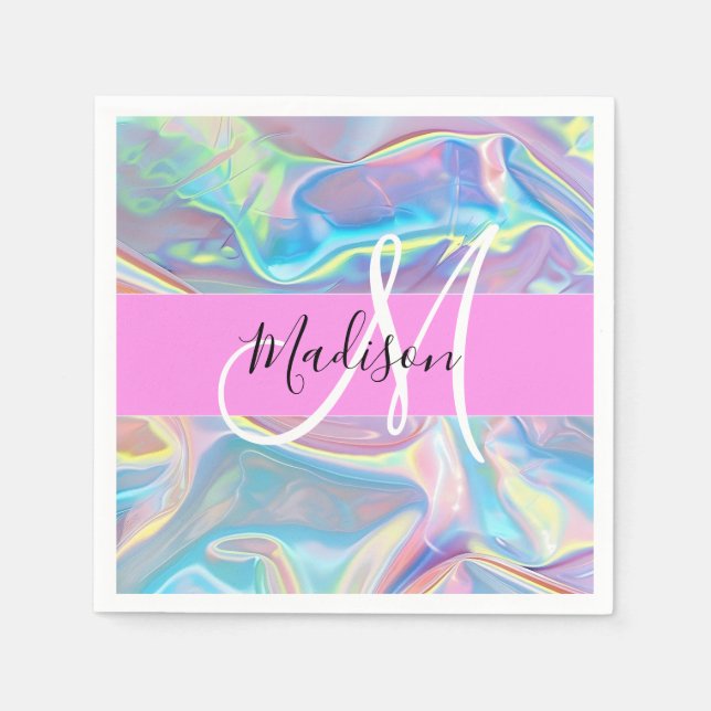Serviette En Papier Nom de monogramme holographique iridescent rose fé (Devant)