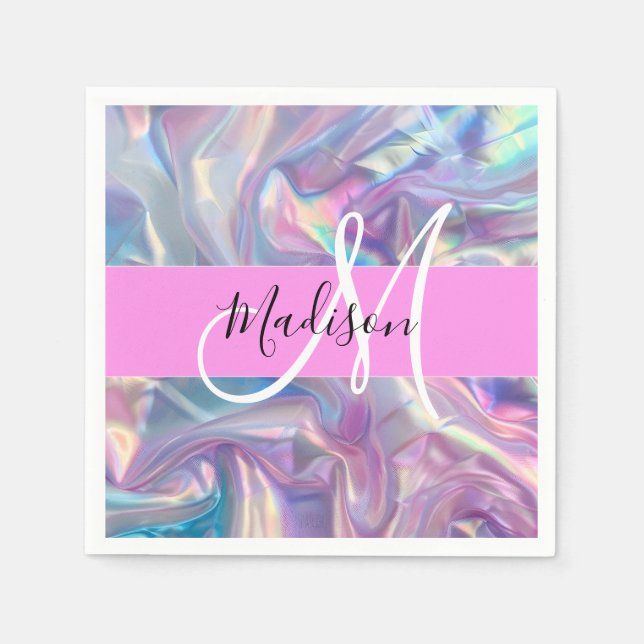 Serviette En Papier Nom de monogramme holographique iridescent rose fé (Devant)