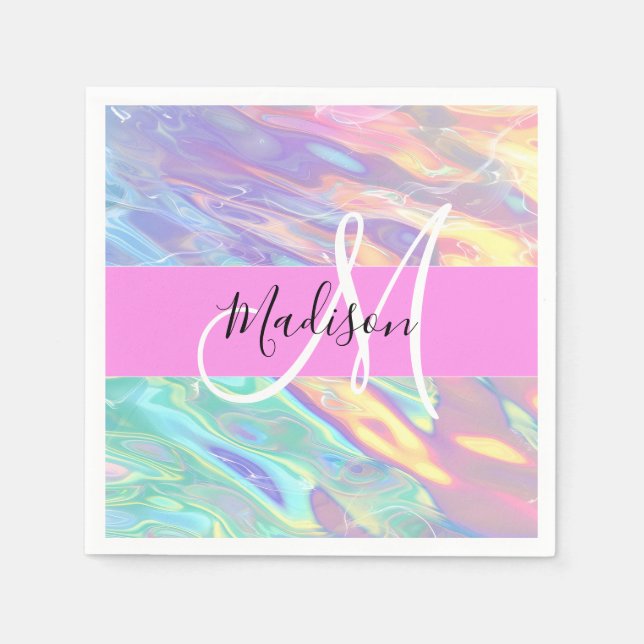Serviette En Papier Nom de monogramme holographique iridescent rose fé (Devant)