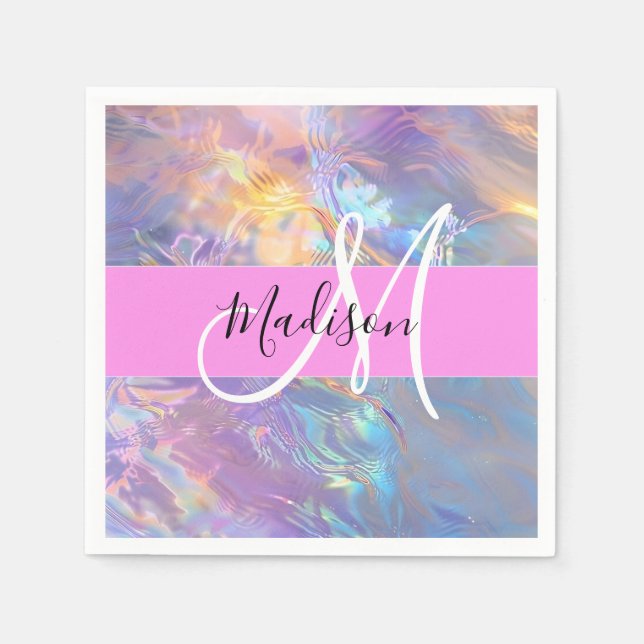 Serviette En Papier Nom de monogramme holographique iridescent rose fé (Devant)