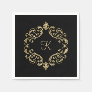 Serviette En Papier Nom de monogramme noir or mariage fête formelle