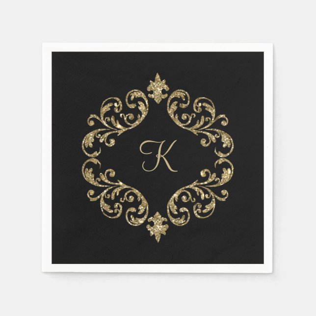 Serviette En Papier Nom de monogramme noir or mariage fête formelle (Devant)