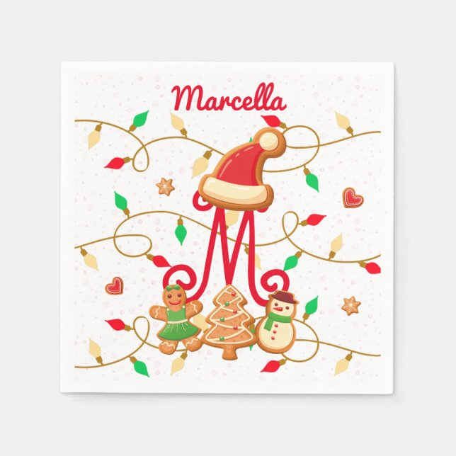 Serviette En Papier Nom de Noël Monogramme Custom Gingpain Rouge (Devant)
