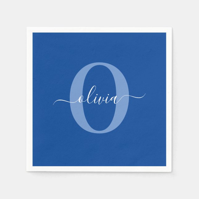 Serviette En Papier Nom de script de monogramme personnalisé bleu blan (Devant)