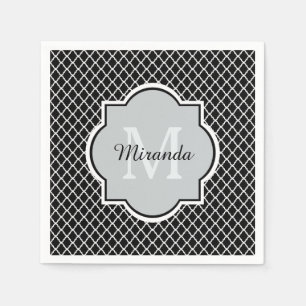 Serviette En Papier Nom décoré d'un monogramme noir et blanc moderne