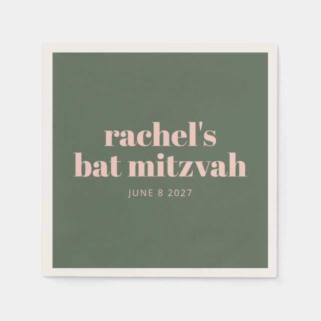 Serviette En Papier Nom du Bat mitzvah personnalisé en vert rose gras (Devant)