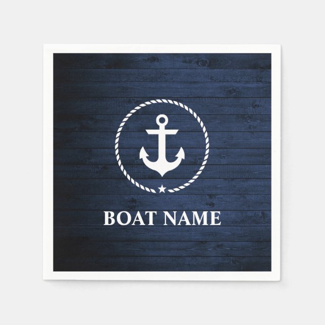 Serviette En Papier Nom du bateau nautique Ancre corde Bois bleu (Devant)