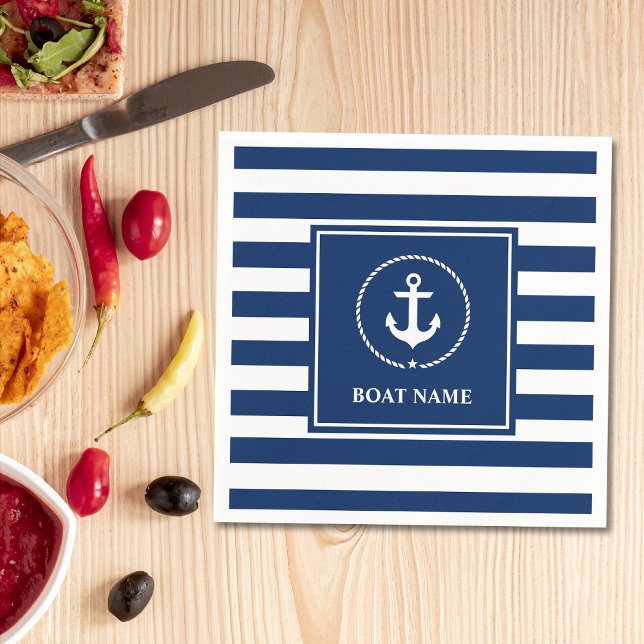 Serviette En Papier Nom du bateau nautique Ancre Marine Bleu rayé (Customize to change text size or text style. )