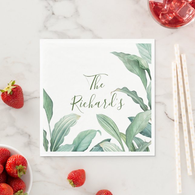 Serviette En Papier Nom du monogramme des Feuilles tropicaux verts (En situation)