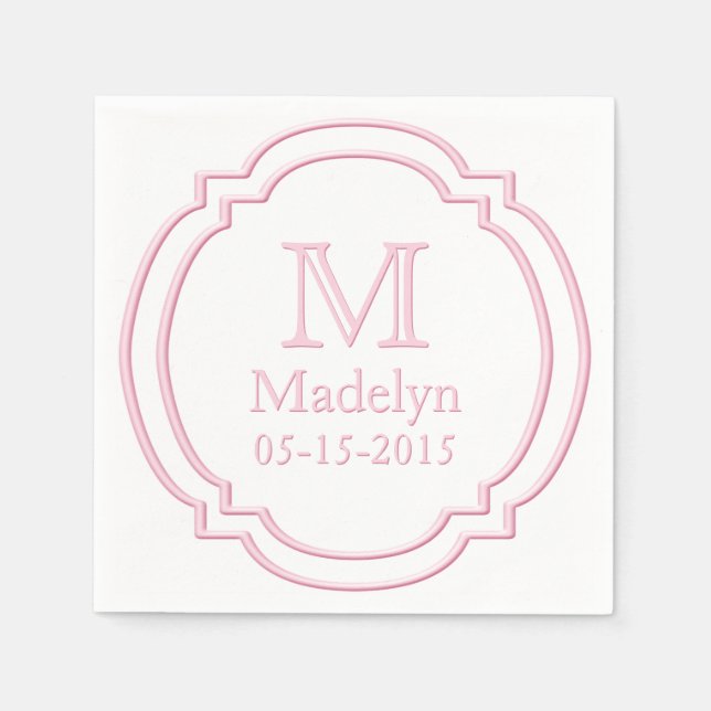 Serviette En Papier Nom du monogramme personnalisé Date Blanc Pastel R (Devant)