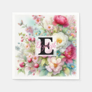 Serviette En Papier Nom du monogramme sur l'aquarelle Fleurs en pastel