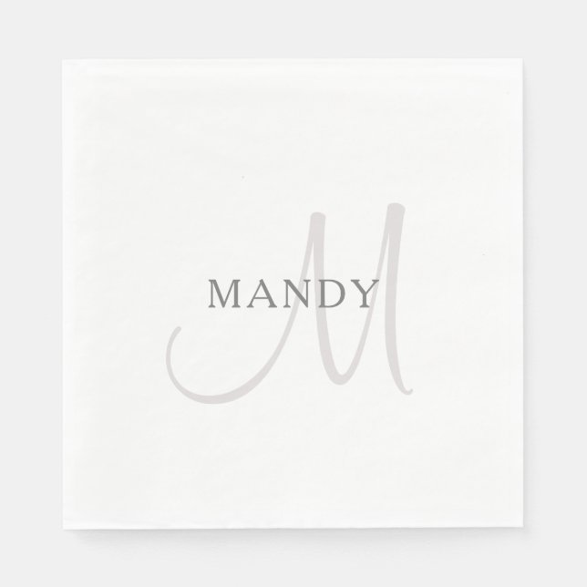 Serviette En Papier Nom élégant Monogramme | Blanc et gris (Devant)