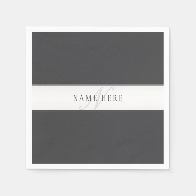 Serviette En Papier Nom élégant & monogramme | Gris foncé & clair  (Devant)