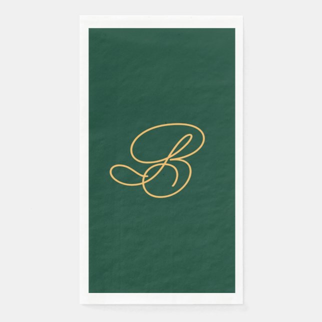 Serviette En Papier Nom élégant vert et or en écriture script monogram (Devant)