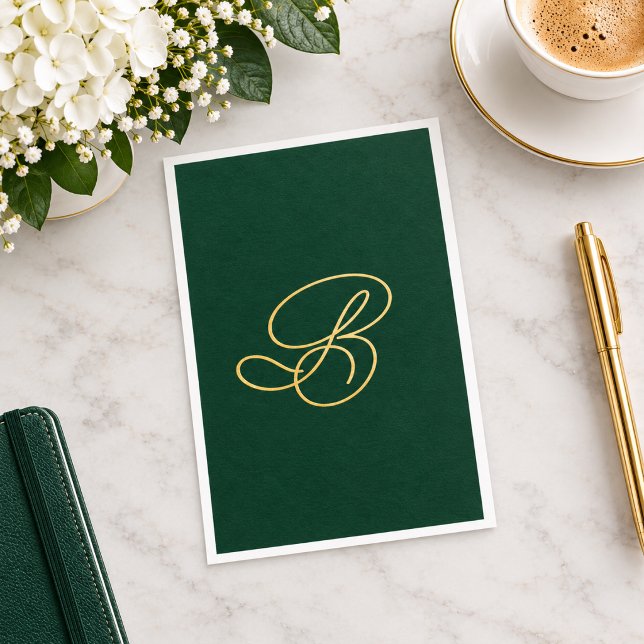 Serviette En Papier Nom élégant vert et or en écriture script monogram (Créateur téléchargé)