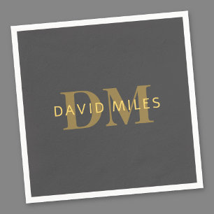 Serviette En Papier Nom et monogramme élégant Or et gris foncé