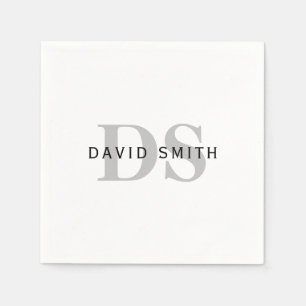Serviette En Papier Nom et monogramme modernes   Blanc noir et gris