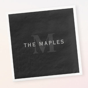 Serviette En Papier Nom et monogramme modernes Gris et noir