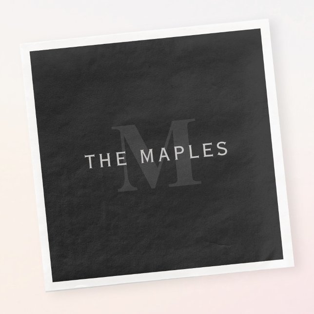 Serviette En Papier Nom et monogramme modernes | Gris et noir (Créateur téléchargé)