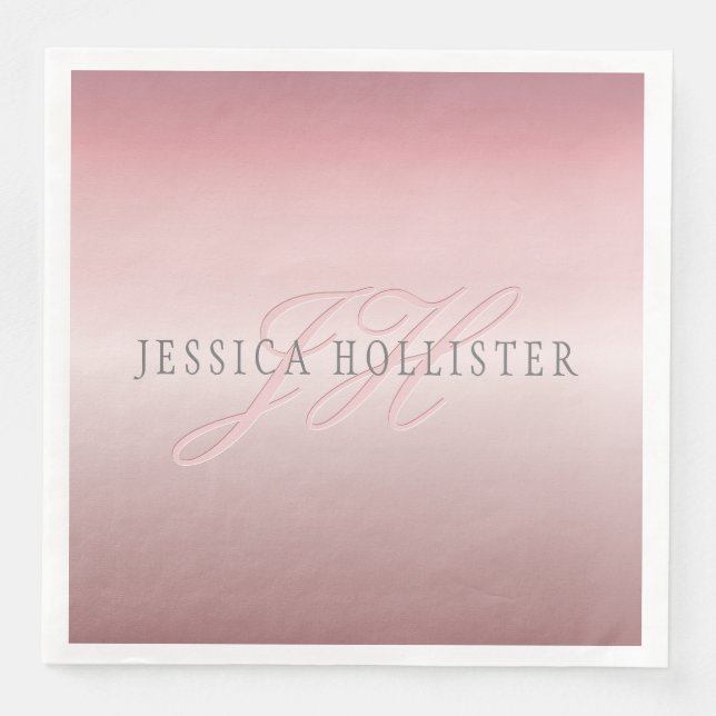 Serviette En Papier Nom et monogramme | Soft FAUX Rose Gold Blush (Devant)