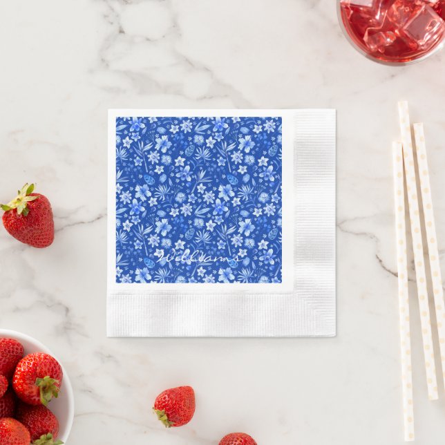 Serviette En Papier Nom Fleurs tropicales Cobalt Blue Coin Cocktail (En situation)