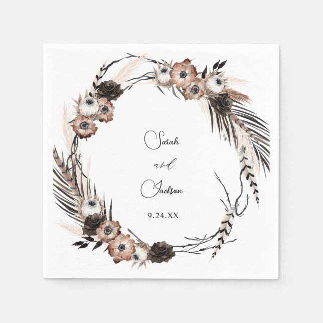 Serviette En Papier Nom Floral Boho Noir & Naturel (Devant)