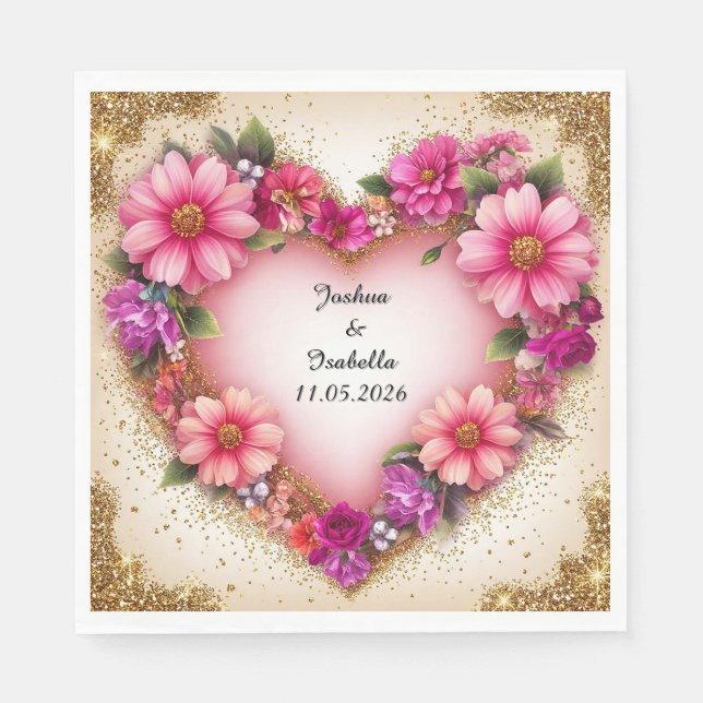 Serviette En Papier 🌸 Nom floral cœur pour la table de dîner d'annive (Devant)