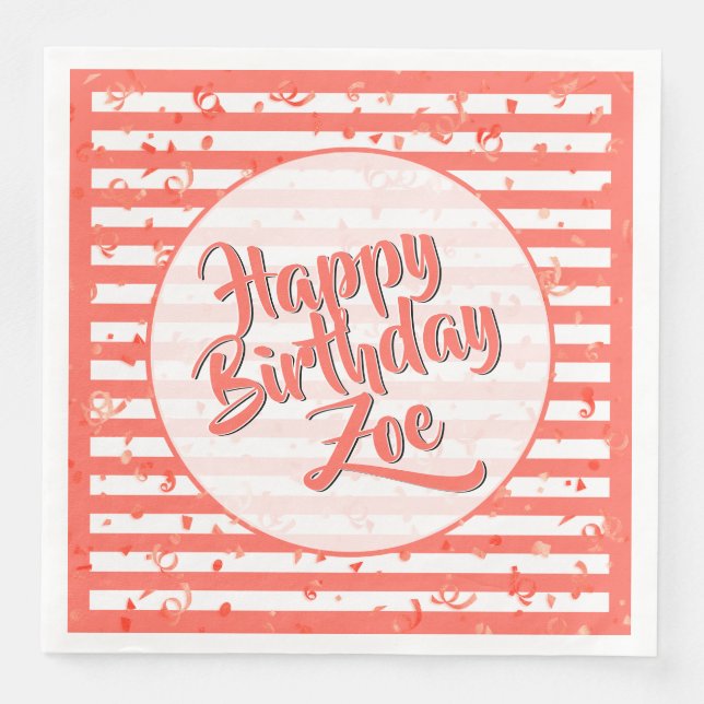 Serviette En Papier Nom Joyeux Anniversaire Coral Simple Stripes Motif (Devant)